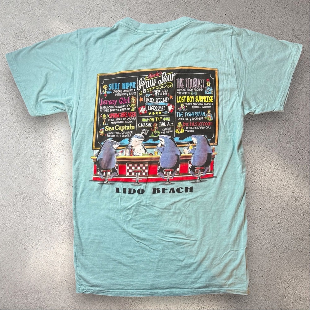The Duck Company Sharkys Raw Bar Lido Beach Graphic T-Shirt Aqua Mens Small